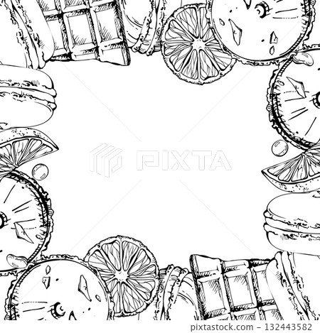 Gourmet macaron cookies with chocolate shavings, vivid orange slices, cocoa bonbons. Vector ink hand drawn isolated illustration. Menu frame designs, dessert class artwork, bakery invitation layouts. 132443582