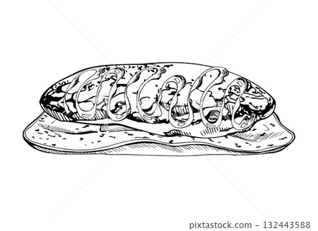 Vector ink pancake with melted chocolate ganache, flapjack served on handmade clay ceramic plate. Hand drawn isolated illustration. Summer packaging, juice bar branding, seasonal product graphics. Vector ink pancake with melted chocolate ganache, flapjack served on handmade clay ceramic plate. Hand drawn isolated illustration. Summer packaging, juice bar branding, seasonal product graphics. 132443588