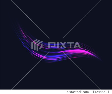 Glowing purple lines. Neon realistic energy speed. Abstract light effect on a black background. Vector illustration. 132443591