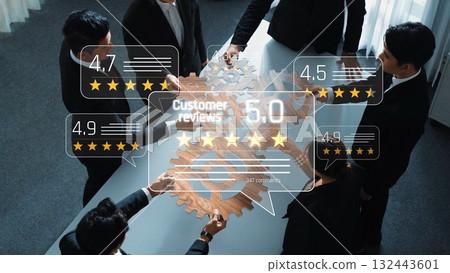 Business Team Collaboration with Customer Feedback Ratings and Review Metrics at a Modern Office Table. Raster 132443601
