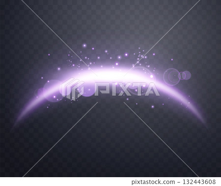 Purple magic arch with sunlight lens flare. Neon realistic energy flare arch. Abstract light effect on a transparent background. Vector illustration. 132443608