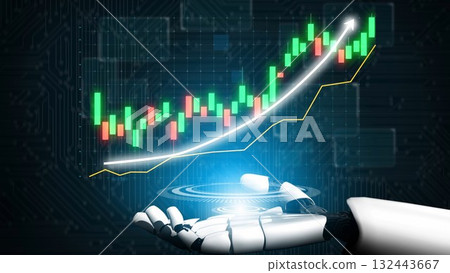 Futuristic robotic hand analyzing stock market trends with rising graphs and digital elements showcasing finance technology and investment growth potential Copula 132443667