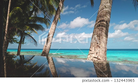 French Polynesia, Rangiroa island: Palm trees framing infinity pool reflecting turquoise lagoon water and clouds in a sunny summer day. Tranquil atmosphere perfect for relaxation and summer escape 132443965