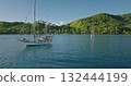 Two sailboats are mooring near a tropical island in Fiji on a sunny day, offering a tranquil and idyllic scene of ocean adventure and escape. Aerial drone flight. Amazing nature travel background Two sailboats are mooring near a tropical island in Fiji on a sunny day, offering a tranquil and idyllic scene of ocean adventure and escape. Aerial drone flight. Amazing nature travel background 132444199