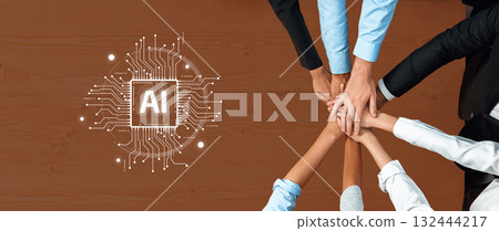 Collaborative Teamwork Embracing Artificial Intelligence with Hands Together on a Brown Background Symbolizing Innovation and Technology Advancement Trope 132444217