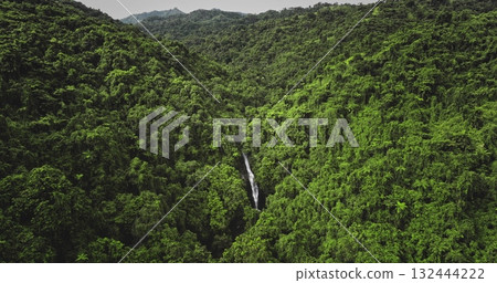 Fiji, Nadi Waterfall: Aerial view hidden waterfall flowing through a lush green rainforest, creating a breathtaking natural spectacle. Wild landscape, nature background. Drone flight zoom in Fiji, Nadi Waterfall: Aerial view hidden waterfall flowing through a lush green rainforest, creating a breathtaking natural spectacle. Wild landscape, nature background. Drone flight zoom in 132444222