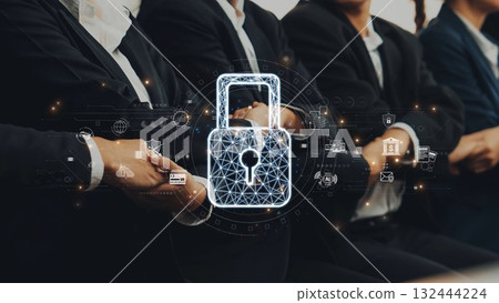 Professional Business Team with Digital Security Concept, Cybersecurity Lock Icon overlaid in Meeting, Focused on Protection of Information and Data. Raster Professional Business Team with Digital Security Concept, Cybersecurity Lock Icon overlaid in Meeting, Focused on Protection of Information and Data. Raster 132444224