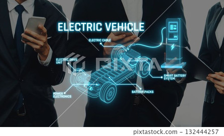 Business professionals discussing electric vehicle technology, showcasing components such as battery packs, smart battery systems, and electronic units in a modern setting.. Raster Business professionals discussing electric vehicle technology, showcasing components such as battery packs, smart battery systems, and electronic units in a modern setting.. Raster 132444257