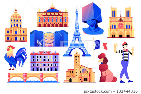 French landmarks and symbols - set of flat design style objects French landmarks and symbols - set of flat design style objects 132444316
