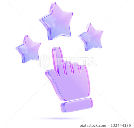 Customer review 3d icon. Glass holographic transparent hand with star rating, purple blue neon gradient. Client feedback and survey concept. Online assessment on website or mobile app. 3D illustration Customer review 3d icon. Glass holographic transparent hand with star rating, purple blue neon gradient. Client feedback and survey concept. Online assessment on website or mobile app. 3D illustration 132444389