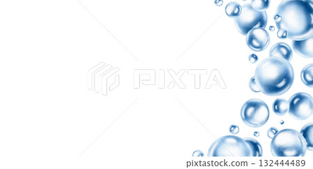 Delicate air bubbles float in cemicircular frame,captured in soft blue watercolor monochrome.For ethereal designs and ocean-inspired projects.Hand drawn illustration for aquatic arrangements 132444489