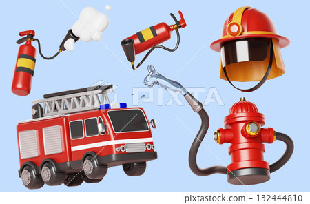 Firefighter equipment set. Cartoon 3d render icon of fire truck, helmet, foam extinguisher, red hydrant spraying water. Fireman protection uniform and gear isolated on blue background. 3D illustration Firefighter equipment set. Cartoon 3d render icon of fire truck, helmet, foam extinguisher, red hydrant spraying water. Fireman protection uniform and gear isolated on blue background. 3D illustration 132444810