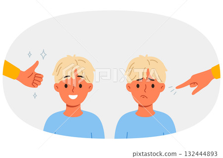 Different approaches to raising child, and use of praise or blame in form of gestures 132444893