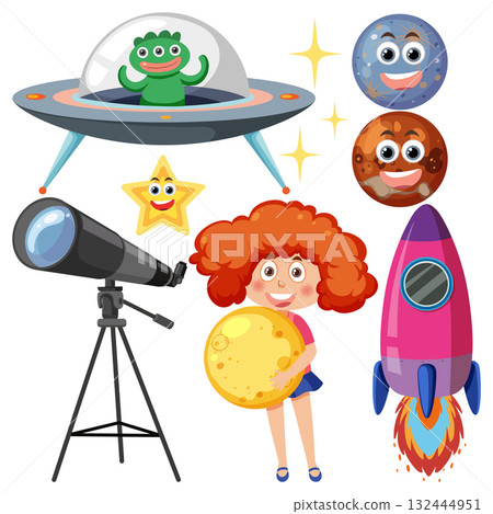 Girl Holding Moon with Space Elements and Cartoon Alien 132444951