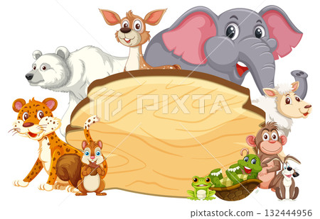 Cartoon Wild Animals Grouped Around Wooden Sign Board 132444956