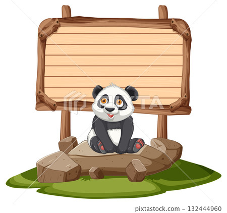 Cute Baby Panda Sitting on Rocks with Wooden Sign Cute Baby Panda Sitting on Rocks with Wooden Sign 132444960
