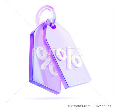 Holographic glass retail price tags on ring with percent sign. Purple sale special offer labels - discount promotion badges for shop marketing, sell-off or seasonal shopping campaign. 3D illustration Holographic glass retail price tags on ring with percent sign. Purple sale special offer labels - discount promotion badges for shop marketing, sell-off or seasonal shopping campaign. 3D illustration 132444963