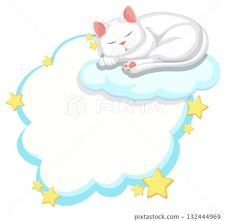 White Cat Sleeping Peacefully on Cloud with Stars 132444969