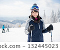 A woman in navy and gray ski wear enjoying skiing on a snowy mountain 132445023