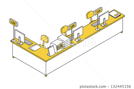 Simple line drawing isometric illustration of a reception counter with ticket machine and call number display system 132445156