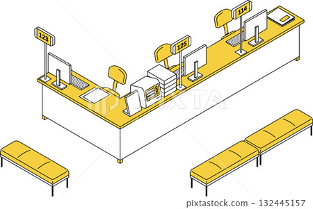 帶有售票機和呼叫號碼顯示系統以及等候長椅的接待櫃檯的簡單線條等距圖示 132445157