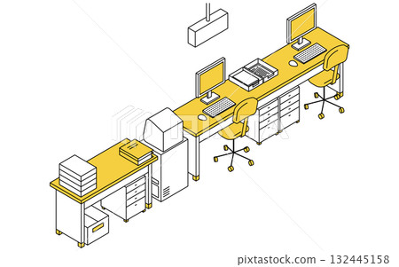 Simple line drawing isometric illustration of a reception counter with a computer and documents Simple line drawing isometric illustration of a reception counter with a computer and documents 132445158