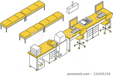 一個簡單的線條畫等距插圖，顯示接待櫃檯，配有電腦、文件和等候長椅 132445159