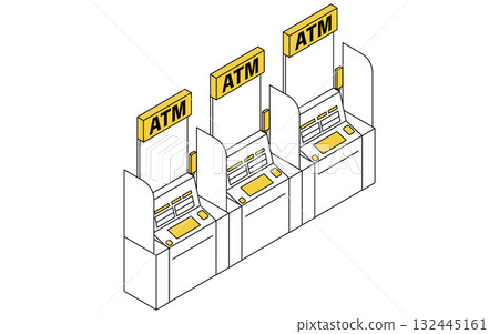 簡單的線條繪製等距插圖,顯示 ATM 角落排列著三台機器 簡單的線條繪製等距插圖,顯示 ATM 角落排列著三台機器 132445161