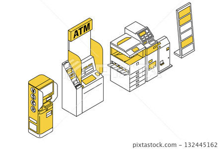 便利商店多影印機、ATM 和貨幣兌換機的簡單線條等距圖示 132445162