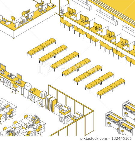 政府辦公室接待諮詢櫃檯和帶有等候長椅的地板的簡單線條等距圖 132445165