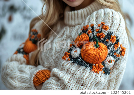 Soft and Fluffy. Crochet details of pumpkin pattern on a modern garment. Autumn atmosphere in clothes. Trending in fashion. Soft and Fluffy. Crochet details of pumpkin pattern on a modern garment. Autumn atmosphere in clothes. Trending in fashion. 132445201