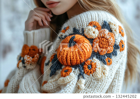 Vintage Vibes. Crochet details of pumpkin pattern on a modern garment. Autumn atmosphere in clothes. Trending in fashion. Vintage Vibes. Crochet details of pumpkin pattern on a modern garment. Autumn atmosphere in clothes. Trending in fashion. 132445202