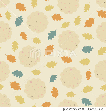 Cookies and autumn leaves cozy seamless pattern Cookies and autumn leaves cozy seamless pattern 132445334