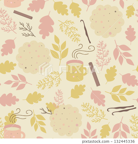 Autumn cute seamless pattern with cookies, mugs of hot drinks, and fall leaves Autumn cute seamless pattern with cookies, mugs of hot drinks, and fall leaves 132445336