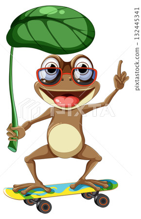 Cartoon Frog With Glasses Riding Skateboard Holding Leaf Umbrella Cartoon Frog With Glasses Riding Skateboard Holding Leaf Umbrella 132445341