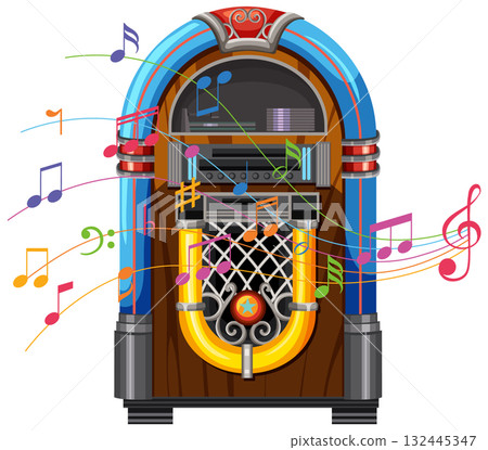 Retro Jukebox with Colorful Musical Notes Illustration 132445347