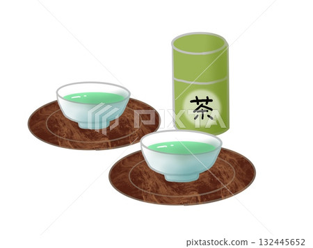 Illustration of green tea in a teacup and tea caddy 132445652