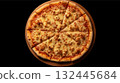 A pizza isolated on black. A round pizza aerial view on a wooden board with a dark background. 132445684
