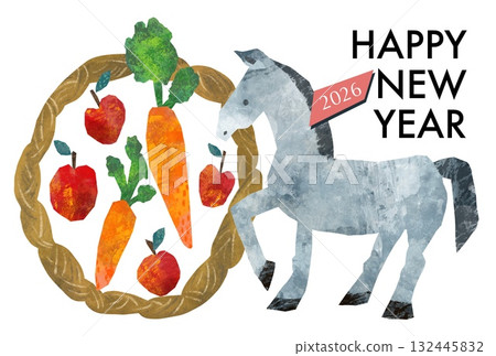 時尚的新年賀卡模板，以馬、蘋果和胡蘿蔔為特色 - 2026 年馬年 132445832