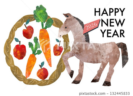 A New Year's card template for the Year of the Horse featuring a pop paper-cut style illustration of a horse, fruits, and vegetables A New Year's card template for the Year of the Horse featuring a pop paper-cut style illustration of a horse, fruits, and vegetables 132445833