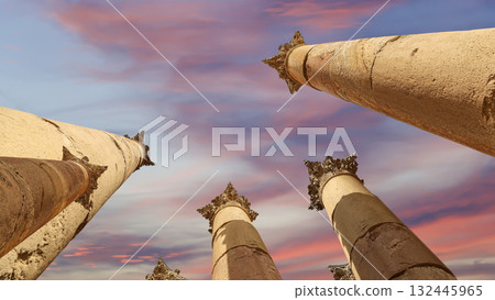 Roman Columns in the Jordanian city of Jerash (Gerasa of Antiquity), capital and largest city of Jerash Governorate, Jordan. Against the background of a beautiful sky with clouds 132445965