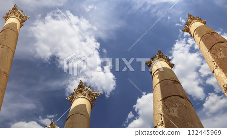 Roman Columns in the Jordanian city of Jerash (Gerasa of Antiquity), capital and largest city of Jerash Governorate, Jordan. Against the background of a beautiful sky with clouds 132445969