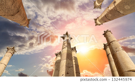 Roman Columns in the Jordanian city of Jerash (Gerasa of Antiquity), capital and largest city of Jerash Governorate, Jordan. Against the background of a beautiful sky with clouds 132445974