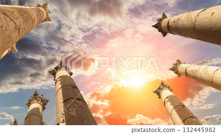Roman Columns in the Jordanian city of Jerash (Gerasa of Antiquity), capital and largest city of Jerash Governorate, Jordan. Against the background of a beautiful sky with clouds 132445982