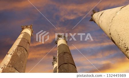 Roman Columns in the Jordanian city of Jerash (Gerasa of Antiquity), capital and largest city of Jerash Governorate, Jordan. Against the background of a beautiful sky with clouds 132445989