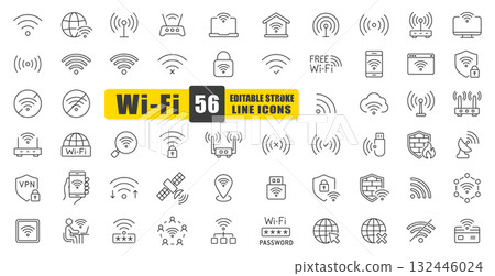 WiFi Line Icon Vector Set. A Collection Of 54 Editable Stroke Icons Depicting Wireless Signals, Routers, Connections, Passwords, And Networks. Perfect For Technology, Communication. Isolated Symbols. 132446024