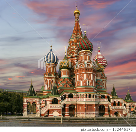 Temple of Basil the Blessed, Red Square, Moscow, Russia. Against the sunset Temple of Basil the Blessed, Red Square, Moscow, Russia. Against the sunset 132446173