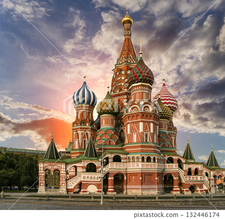Temple of Basil the Blessed, Red Square, Moscow, Russia. Against the sunset 132446174