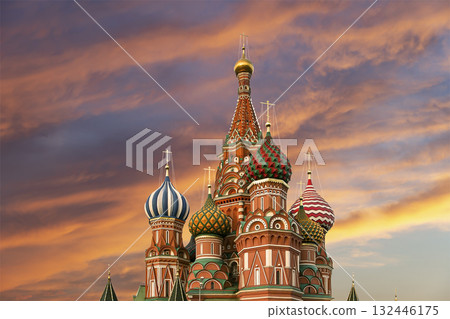 Temple of Basil the Blessed, Red Square, Moscow, Russia. Against the sunset 132446175