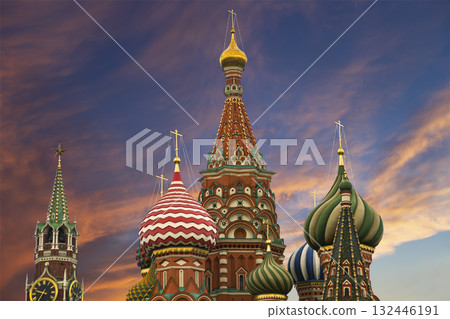 Temple of Basil the Blessed, Red Square, Moscow, Russia. Against the sunset Temple of Basil the Blessed, Red Square, Moscow, Russia. Against the sunset 132446191